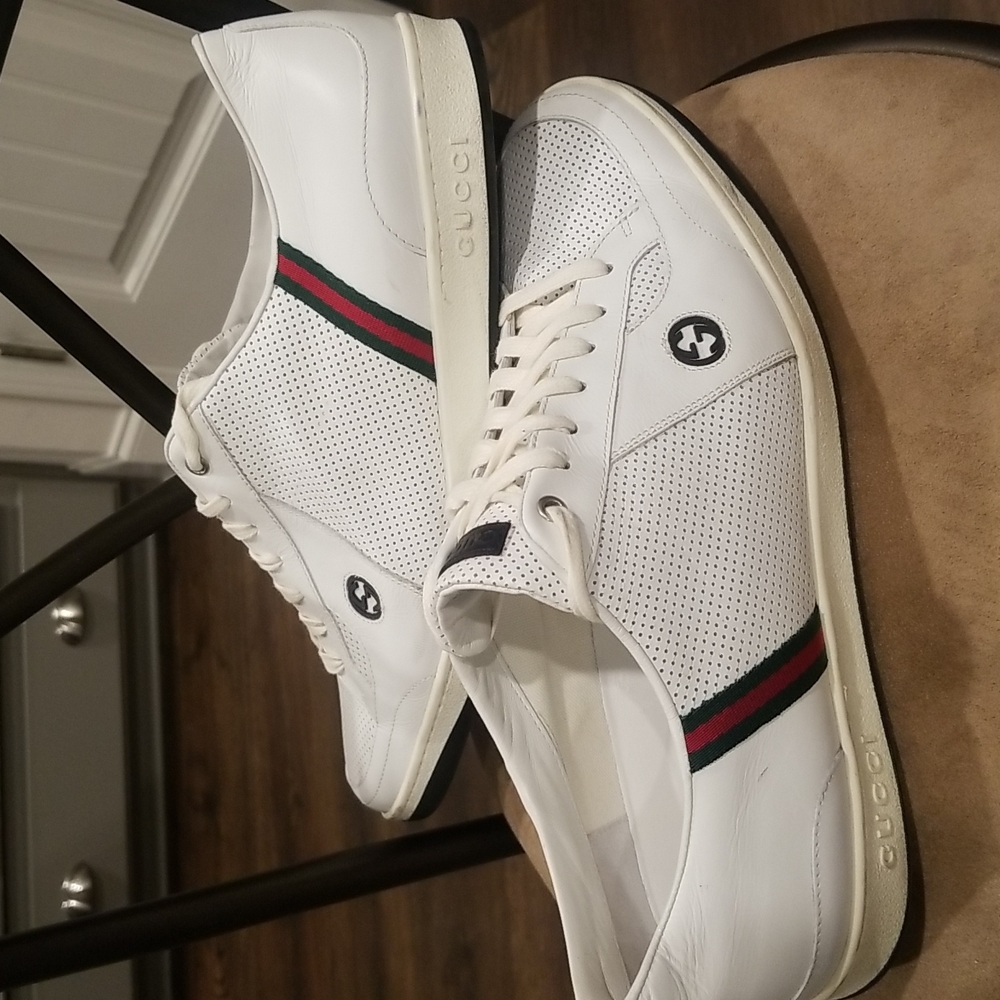 AUTHENTIC Gucci white leather signature stripes low fashion sneakers sz 13
